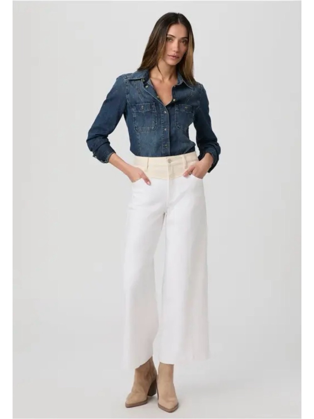 PAIGE Harper V-Yoke High Waist Ankle Wide Leg Jeans White Cream, size 24
